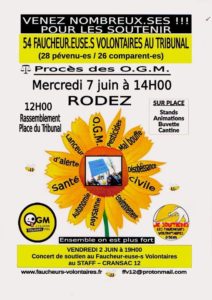 Procès des OGM : 54 Faucheuses et faucheurs volontaires au tribunal le 7 juin à Rodez